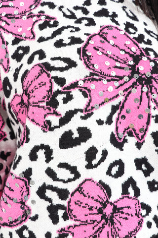 Bow Me Your Wild Side - Pink Leopard Bow Print Sequin Knitted Jumper