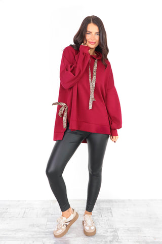 Can't Tie Her Down - Wine Leopard Tie Oversized Hoodie