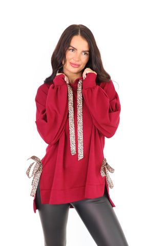 Can't Tie Her Down - Wine Leopard Tie Oversized Hoodie