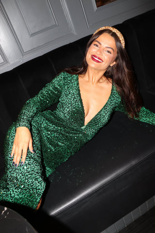 Don't Make Me Wait - Forest Sequin Plunge Midi Dress