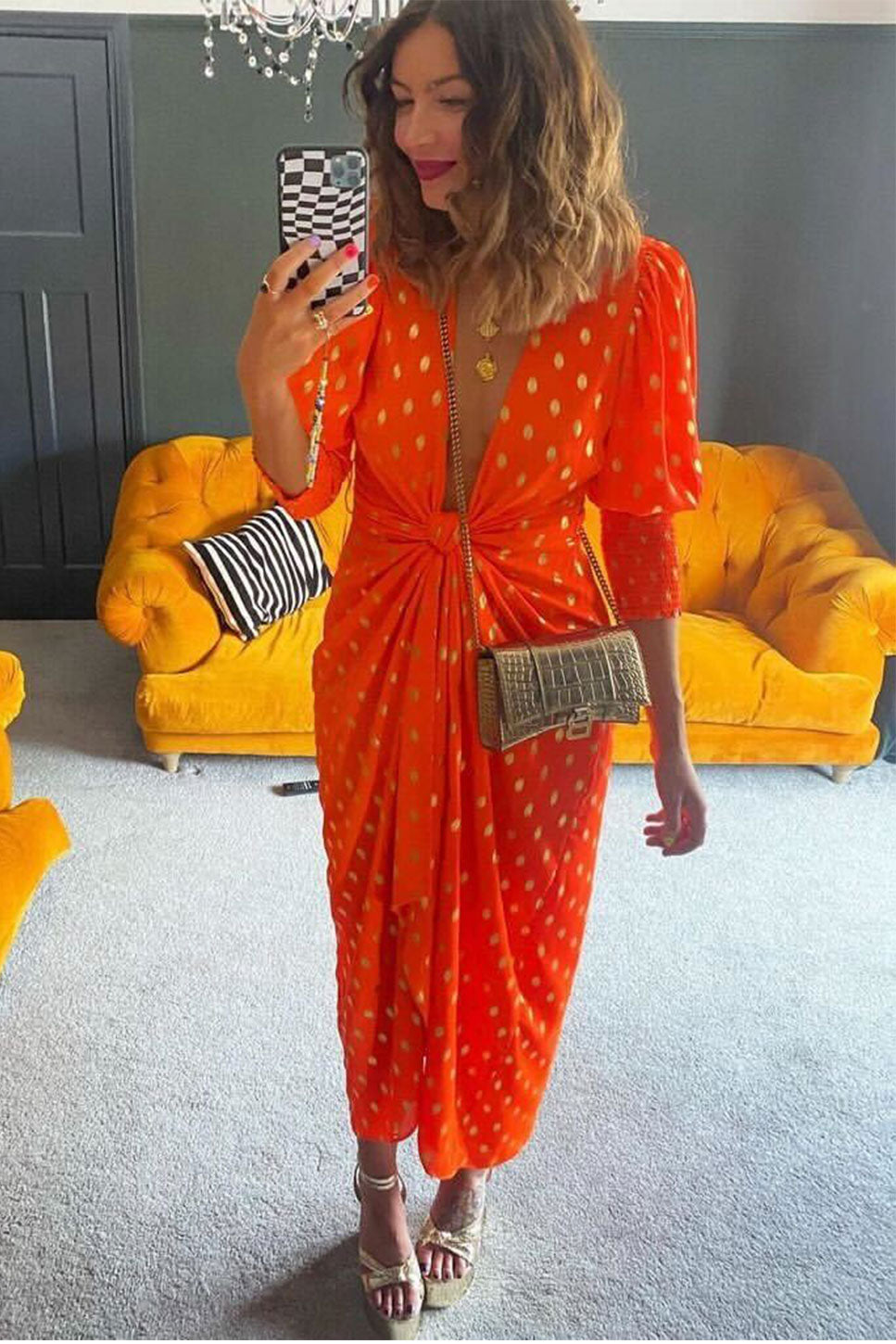 orange and gold wrap dress Cami Angel Sleeve Faux Wrap Dress Orange Sunset