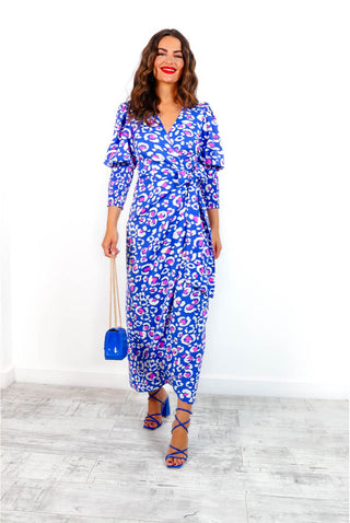 Drive 'Em Wild - Blue Pink Leopard Midi Wrap Dress