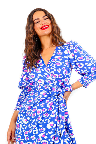 Drive 'Em Wild - Blue Pink Leopard Midi Wrap Dress