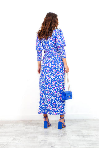 Drive 'Em Wild - Blue Pink Leopard Midi Wrap Dress