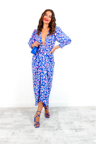 Drive 'Em Wild - Blue Pink Leopard Midi Wrap Dress