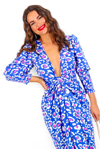 Drive 'Em Wild - Blue Pink Leopard Midi Wrap Dress