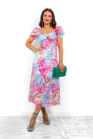 Floral Frenzy - Pink Multi Floral Midi Dress