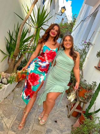 Just A Fling - Green Red Multi Abstract Pattern Maxi Dress