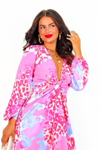 Modern Love - Fuchsia Lilac Leopard Midi Wrap Dress