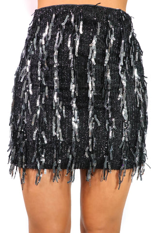 Never Too Much Tassel - Black Sequin Tassel Mini Skirt