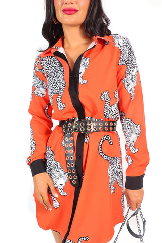 Out My Business - Orange Cheetah Mini Shirt Dress