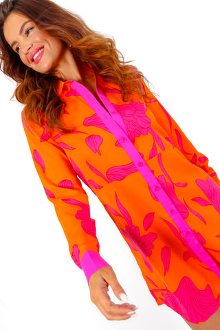 Out My Business - Orange Pink Floral Shirt Mini Dress