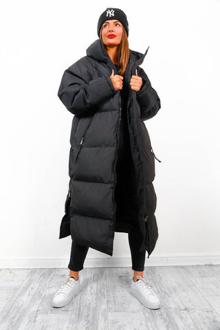 Rock the Coat - Black Long Hooded Puffer Jacket