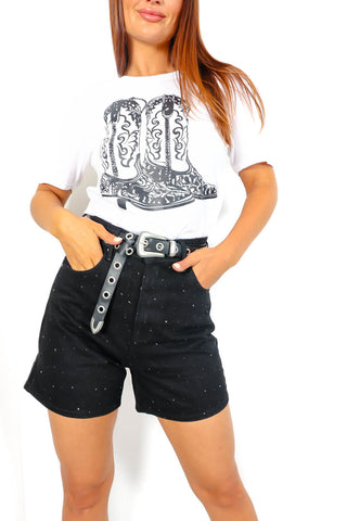 Shes A Diamante - Black High Waisted Diamante Denim Shorts