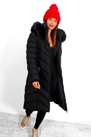 She's Cold Blooded - Black Chevron Panel Fur Hood Coat