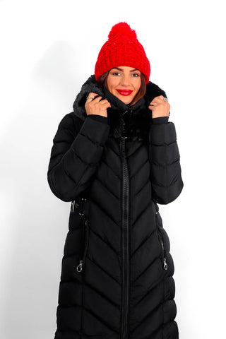 She's Cold Blooded - Black Chevron Panel Fur Hood Coat