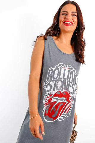 She's Missing You - Acid Wash Red Rolling Stones Licensed Tank Midi T-Shirt Dress