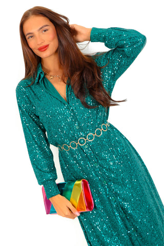 Shine All The Time - Forest Sequin Midi Shirt Dress