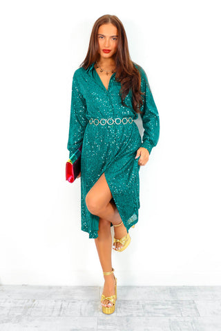 Shine All The Time - Forest Sequin Midi Shirt Dress