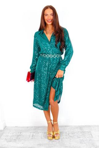 Shine All The Time - Forest Sequin Midi Shirt Dress
