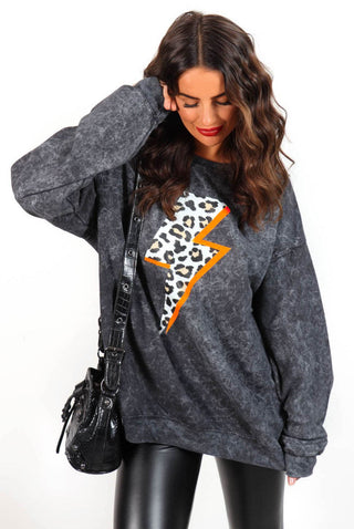 Strike A Pose - Acid Wash Neon Orange Lightning Bolt Sweatshirt