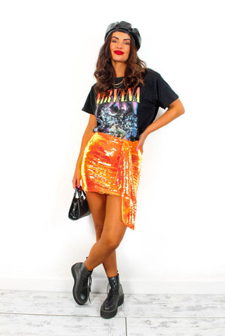 Take Me To The Party - Orange Sequin Mini Skirt