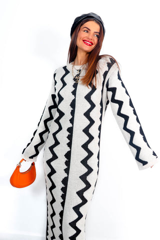 Zig-A-Zig Ah - Cream Black Printed Knitted Maxi Dress