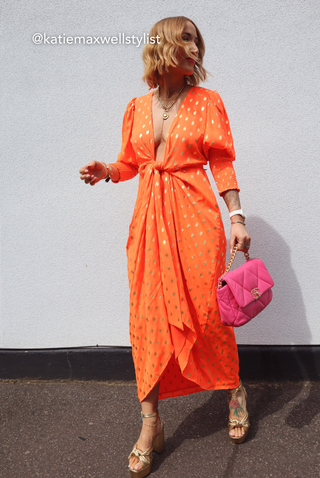 Drive Em Wild - Orange Gold Foil Midi Wrap Dress
