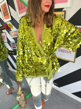 Centre Of Attention - Green Sequin Wrap Top