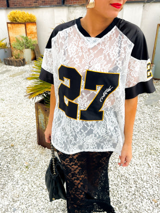 She Takes First Lace - Black & White Lace Varsity Football T-shirt