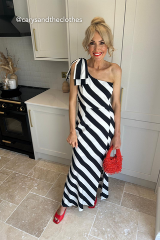 Upgrade You - Black White Stripe One Shoulder Maxi Dress