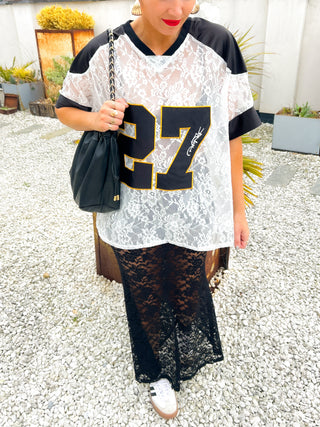 She Takes First Lace - Black & White Lace Varsity Football T-shirt