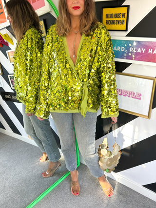 Centre Of Attention - Green Sequin Wrap Top