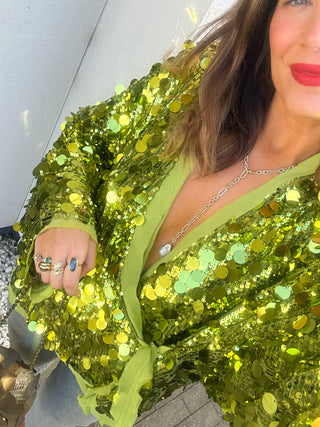 Centre Of Attention - Green Sequin Wrap Top