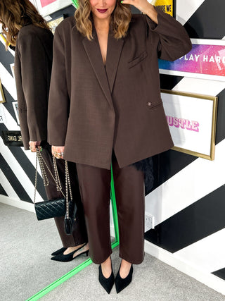 Comfort & Style - Brown Barrel Leg Faux Leather Trousers