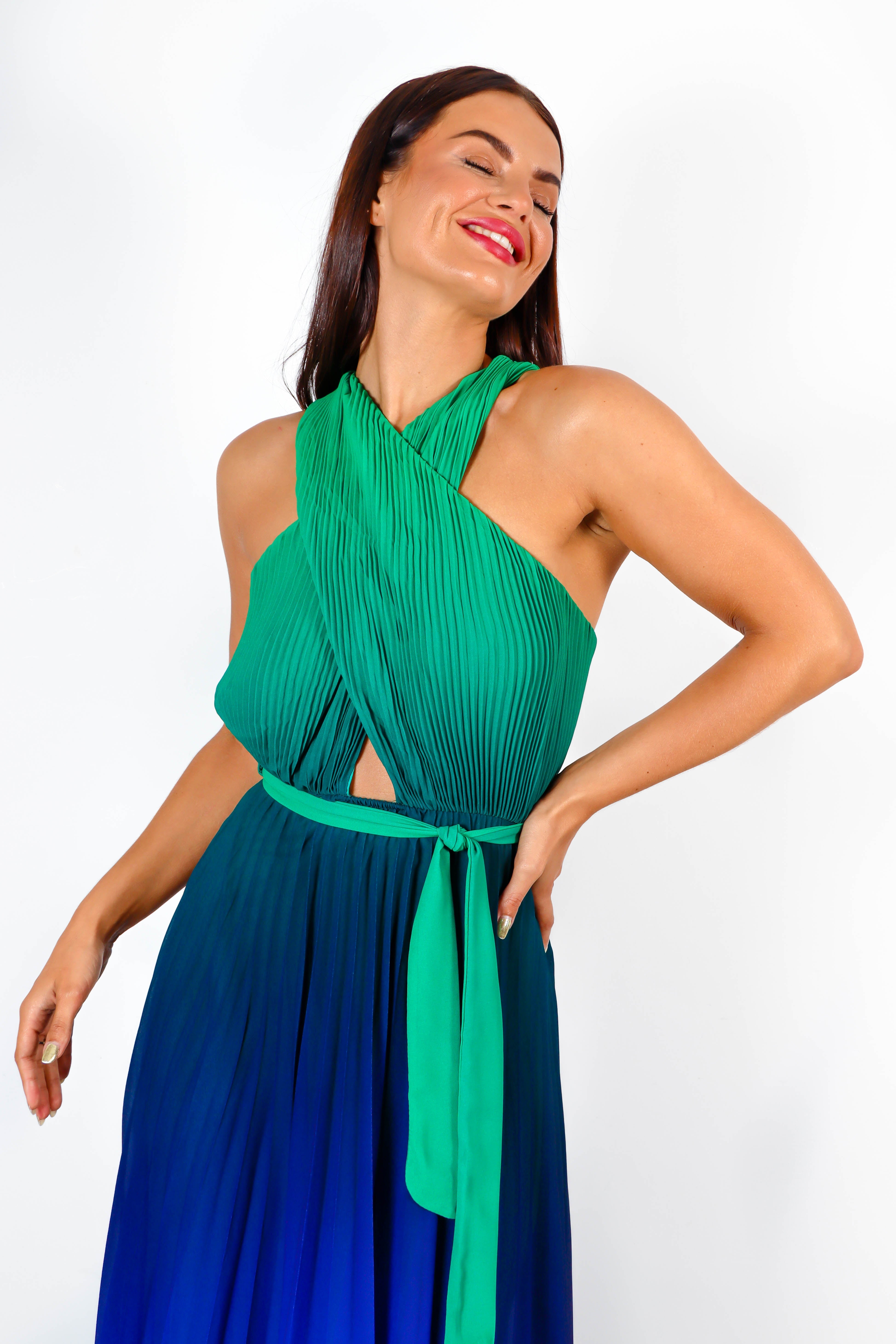 Artemis - Green Blue Ombre Pleated Maxi Dress OVER-DRESSED Artemis - Green Blue Ombre Pleated Maxi Dress OVER-DRESSED