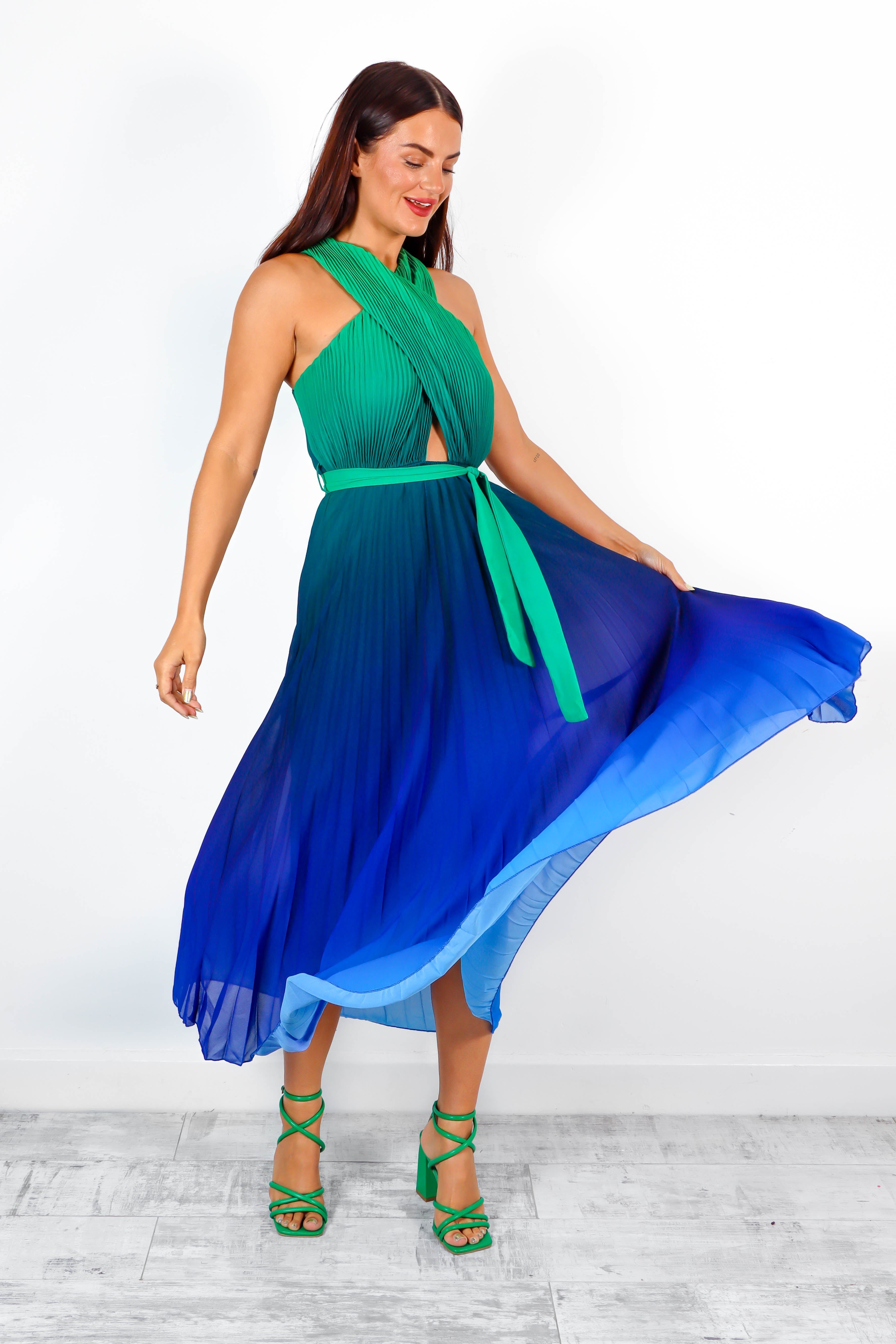 Artemis - Green Blue Ombre Pleated Maxi Dress Artemis - Green Blue Ombre Pleated Maxi Dress