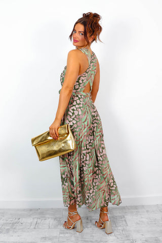 Artemis - Olive Animal Print Pleated Midi Dress