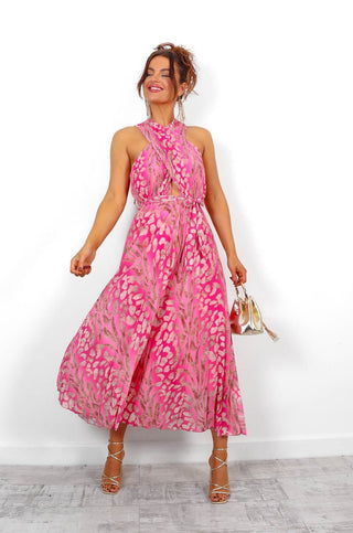Artemis - Pink Animal Print Pleated Midi Dress