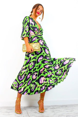 Bolder The Better - Lime Lilac Leopard Print Pleated Midi Dress