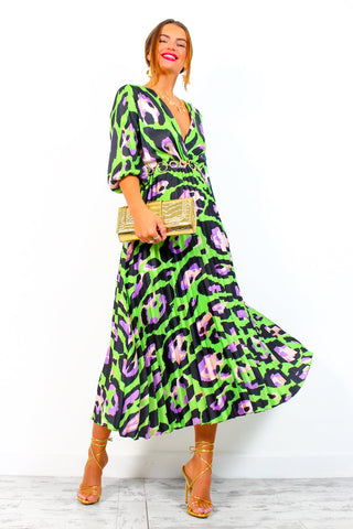 Bolder The Better - Lime Lilac Leopard Print Pleated Midi Dress