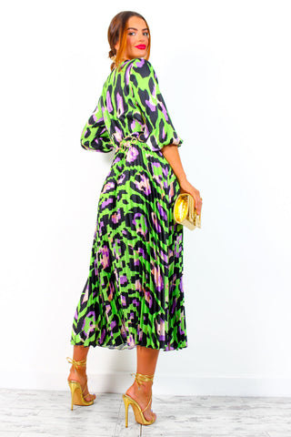 Bolder The Better - Lime Lilac Leopard Print Pleated Midi Dress
