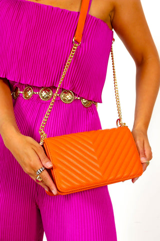 Bring It On - Orange Gold Chain Quilted Shoulder Bag