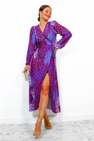 Caught Your Attention - Magenta Blue Leopard Midi Wrap Dress