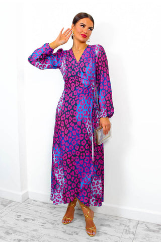 Caught Your Attention - Magenta Blue Leopard Midi Wrap Dress