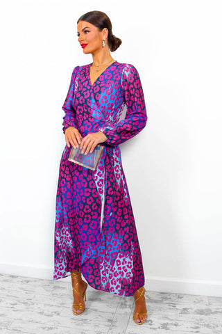 Caught Your Attention - Magenta Blue Leopard Midi Wrap Dress