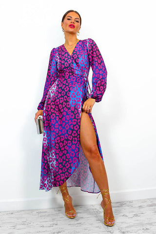 Caught Your Attention - Magenta Blue Leopard Midi Wrap Dress
