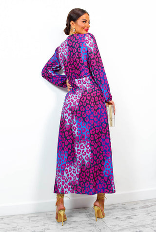 Caught Your Attention - Magenta Blue Leopard Midi Wrap Dress