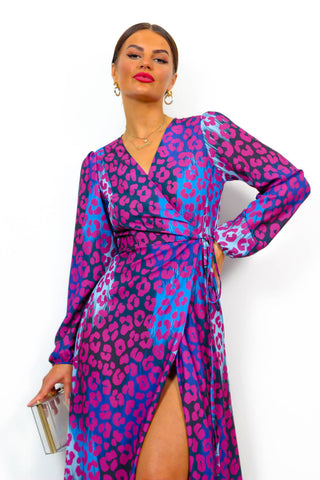 Caught Your Attention - Magenta Blue Leopard Midi Wrap Dress