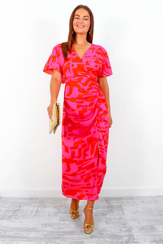 Colour Me Floral - Abstract Pattern Fuchsia Red Midi Dress